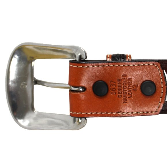 3D Hand Tooled Brown Leather & Silver Tone Western Person of Faith Belt,… - Picture 7 of 8